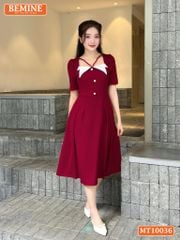Đầm thiết kế BEMINE cổ vuông kiểu phối trắng dáng chữ A đính nút phù hợp đi làm, đi chơi và đi tiệc-MT10036