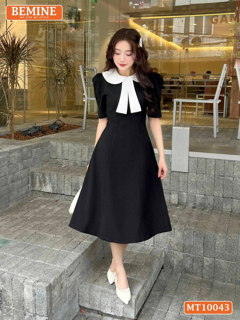 Đầm thiết kế BEMINE cổ sen có nơ dáng chữ A phù hợp đi làm, đi chơi-MT10043