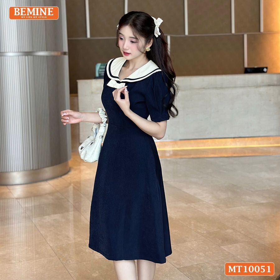 Đầm thiết kế BEMINE cổ thủy thủ có viền đính nơ dáng chữ A phù hợp đi làm, đi chơi-MT10051