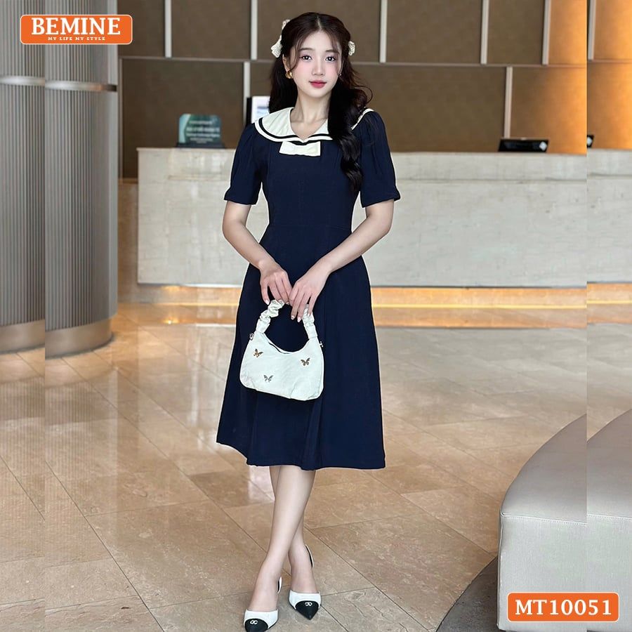 Đầm thiết kế BEMINE cổ thủy thủ có viền đính nơ dáng chữ A phù hợp đi làm, đi chơi-MT10051