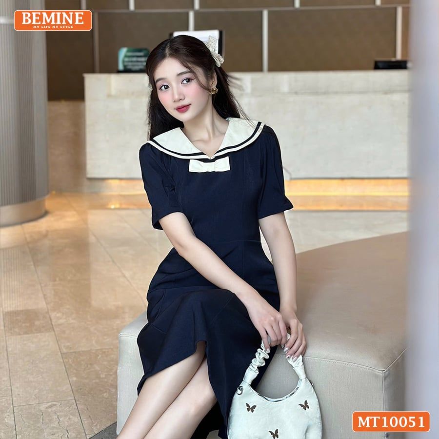Đầm thiết kế BEMINE cổ thủy thủ có viền đính nơ dáng chữ A phù hợp đi làm, đi chơi-MT10051