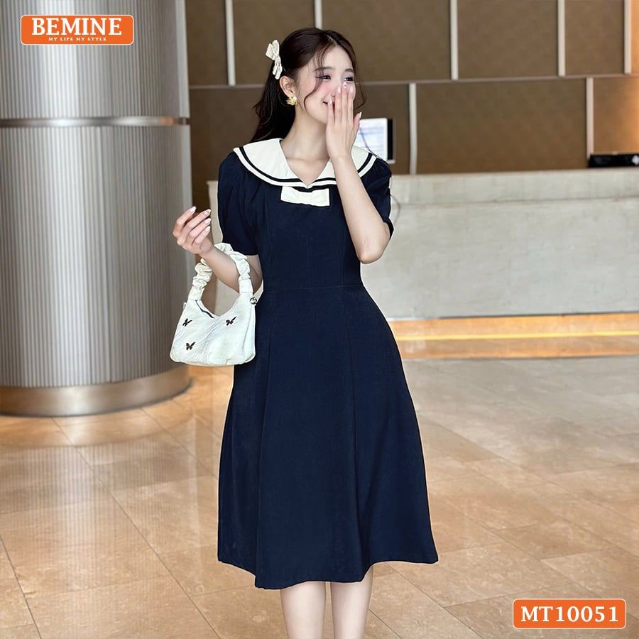 Đầm thiết kế BEMINE cổ thủy thủ có viền đính nơ dáng chữ A phù hợp đi làm, đi chơi-MT10051