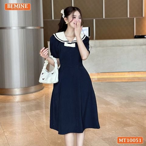 Đầm thiết kế BEMINE cổ thủy thủ có viền đính nơ dáng chữ A phù hợp đi làm, đi chơi-MT10051