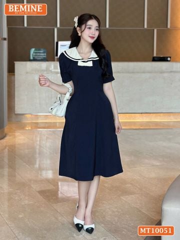 Đầm thiết kế BEMINE cổ thủy thủ có viền đính nơ dáng chữ A phù hợp đi làm, đi chơi-MT10051
