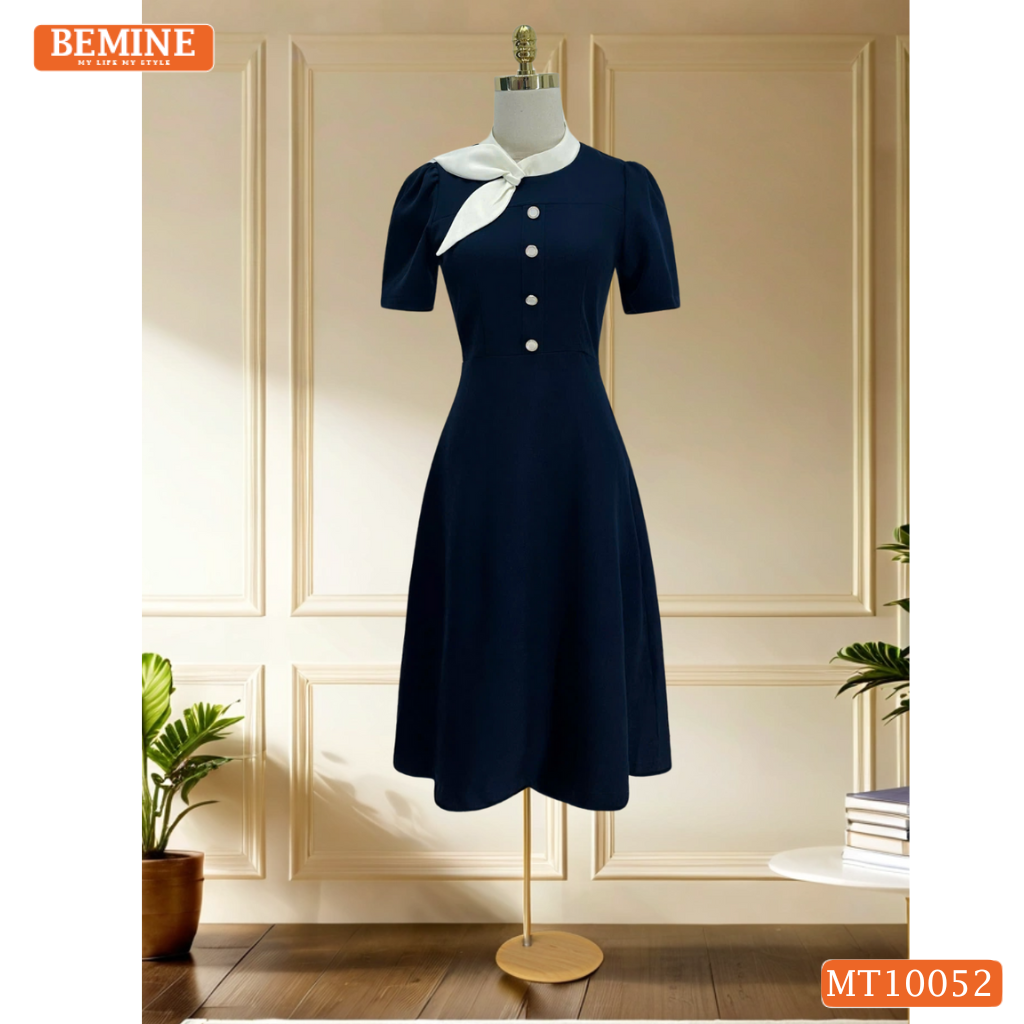 Đầm thiết kế BEMINE cổ tròn phối nơ tai thỏ dáng chữ A phù hợp đi làm, đi chơi-MT10052