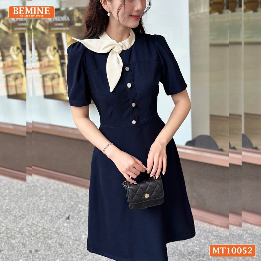 Đầm thiết kế BEMINE cổ tròn phối nơ tai thỏ dáng chữ A phù hợp đi làm, đi chơi-MT10052