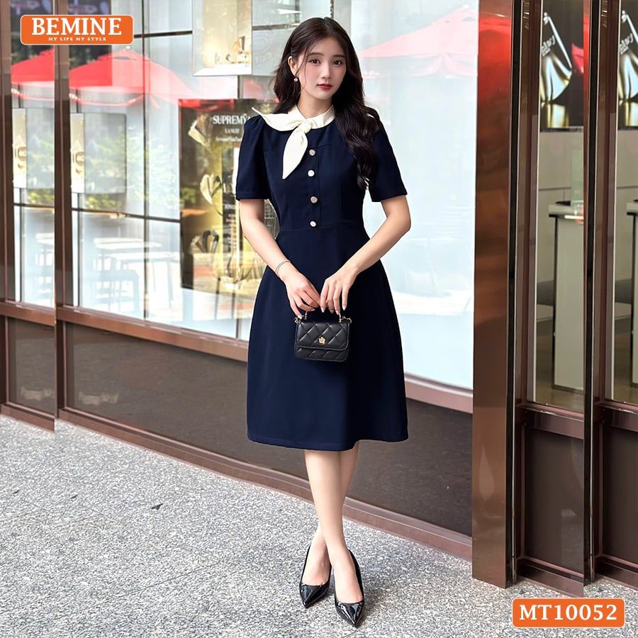 Đầm thiết kế BEMINE cổ tròn phối nơ tai thỏ dáng chữ A phù hợp đi làm, đi chơi-MT10052