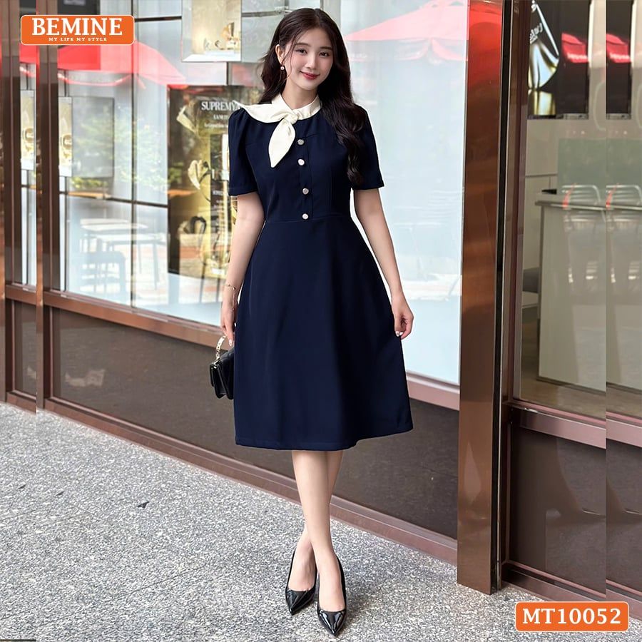 Đầm thiết kế BEMINE cổ tròn phối nơ tai thỏ dáng chữ A phù hợp đi làm, đi chơi-MT10052