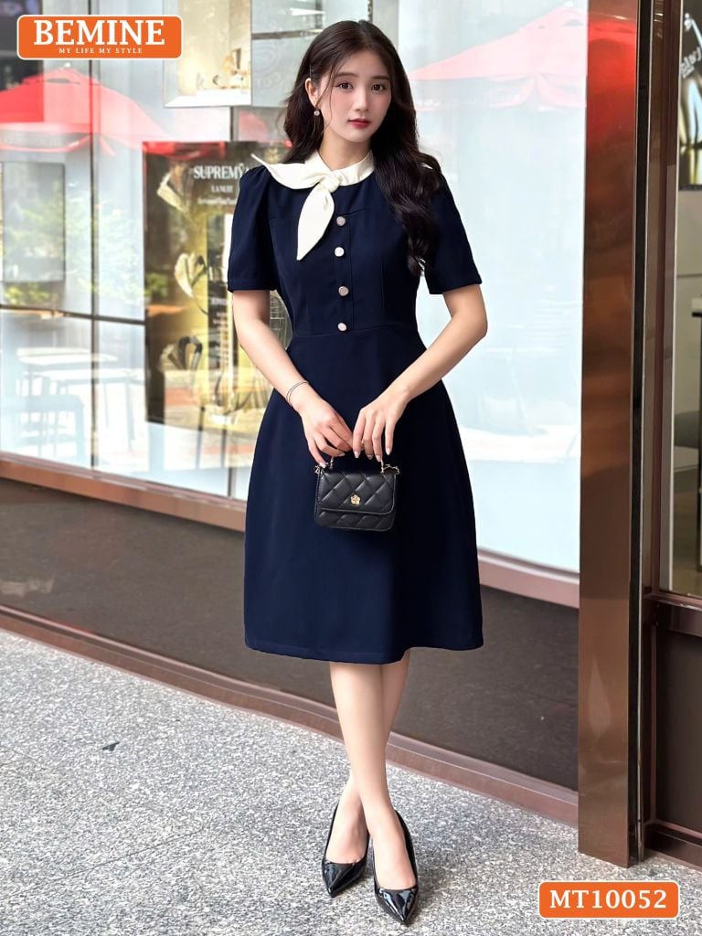 Đầm thiết kế BEMINE cổ tròn phối nơ tai thỏ dáng chữ A phù hợp đi làm, đi chơi-MT10052