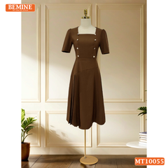 Đầm thiết kế BEMINE cổ vuông đính cúc dáng chữ A phù hợp đi làm, đi chơi-MT10055