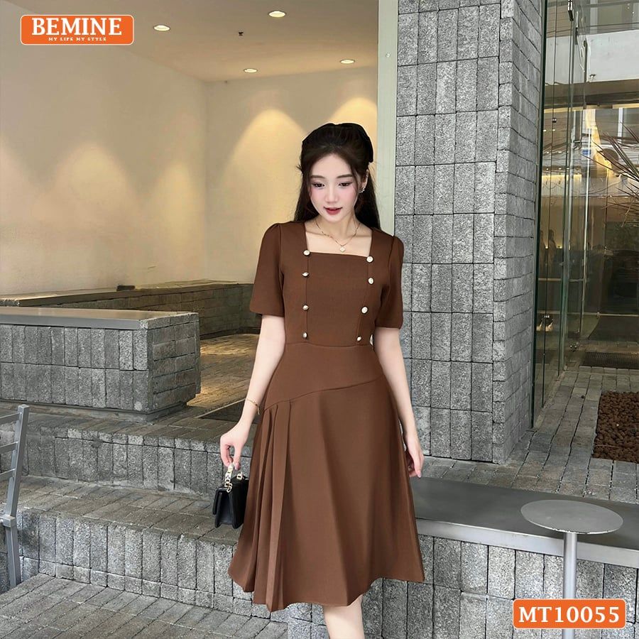 Đầm thiết kế BEMINE cổ vuông đính cúc dáng chữ A phù hợp đi làm, đi chơi-MT10055