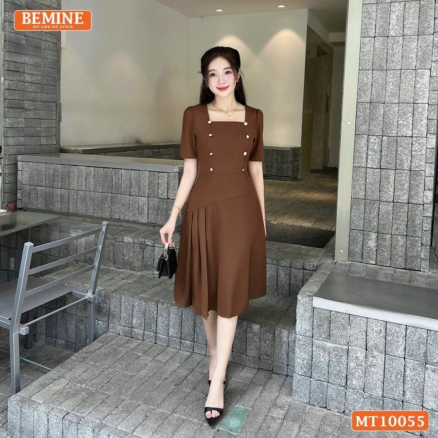 Đầm thiết kế BEMINE cổ vuông đính cúc dáng chữ A phù hợp đi làm, đi chơi-MT10055