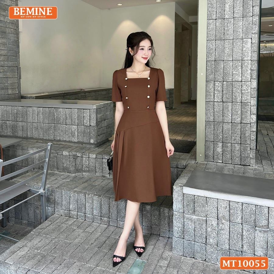 Đầm thiết kế BEMINE cổ vuông đính cúc dáng chữ A phù hợp đi làm, đi chơi-MT10055