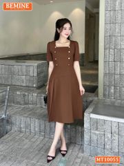 Đầm thiết kế BEMINE cổ vuông đính cúc dáng chữ A phù hợp đi làm, đi chơi-MT10055