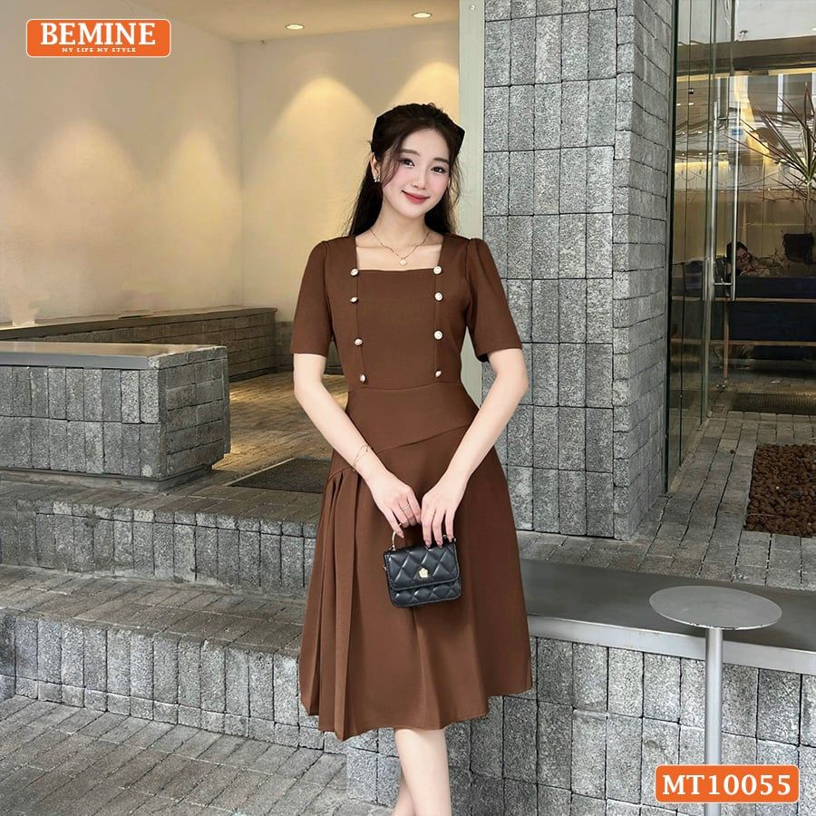 Đầm thiết kế BEMINE cổ vuông đính cúc dáng chữ A phù hợp đi làm, đi chơi-MT10055