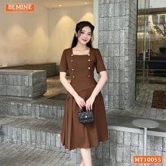 Đầm thiết kế BEMINE cổ vuông đính cúc dáng chữ A phù hợp đi làm, đi chơi-MT10055