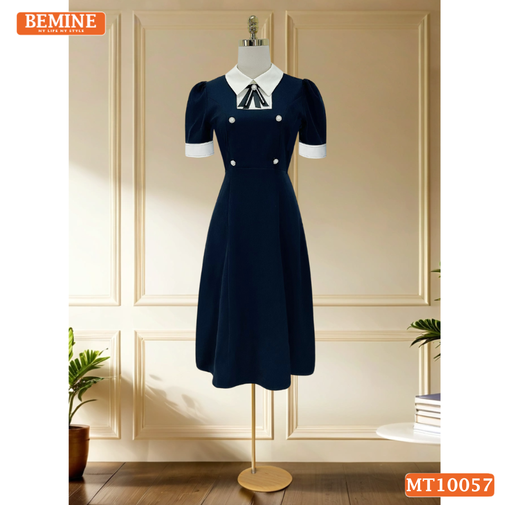 Đầm thiết kế BEMINE cổ đức đính nơ tay ngắn phối viền dáng chữ A phù hợp đi làm, đi dạo phố-MT10057