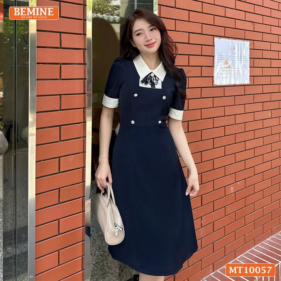 Đầm thiết kế BEMINE cổ đức đính nơ tay ngắn phối viền dáng chữ A phù hợp đi làm, đi dạo phố-MT10057