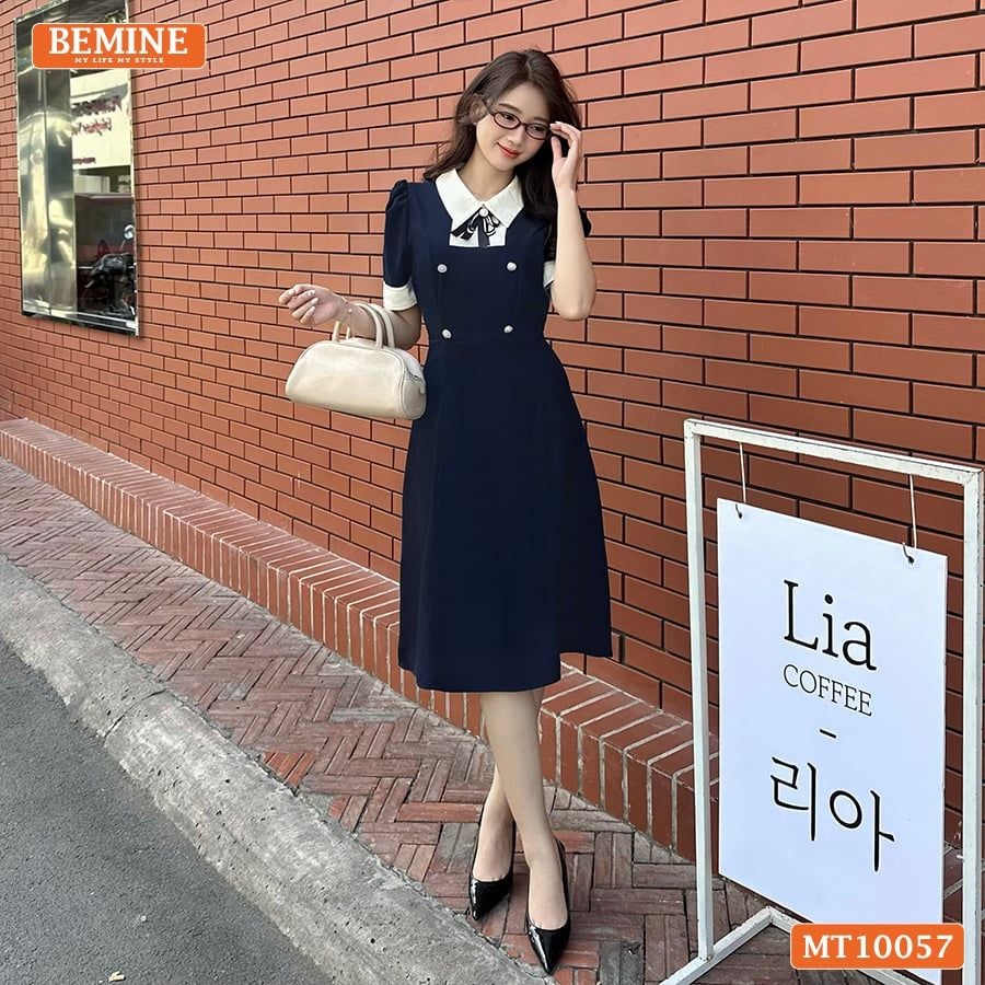 Đầm thiết kế BEMINE cổ đức đính nơ tay ngắn phối viền dáng chữ A phù hợp đi làm, đi dạo phố-MT10057