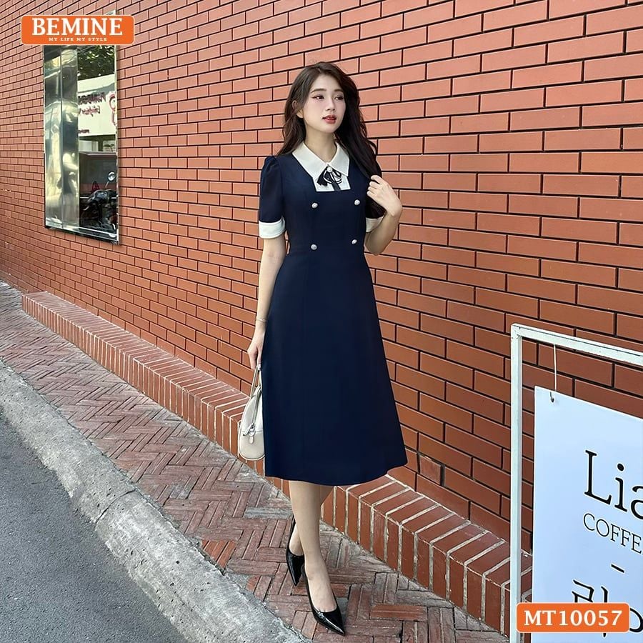 Đầm thiết kế BEMINE cổ đức đính nơ tay ngắn phối viền dáng chữ A phù hợp đi làm, đi dạo phố-MT10057