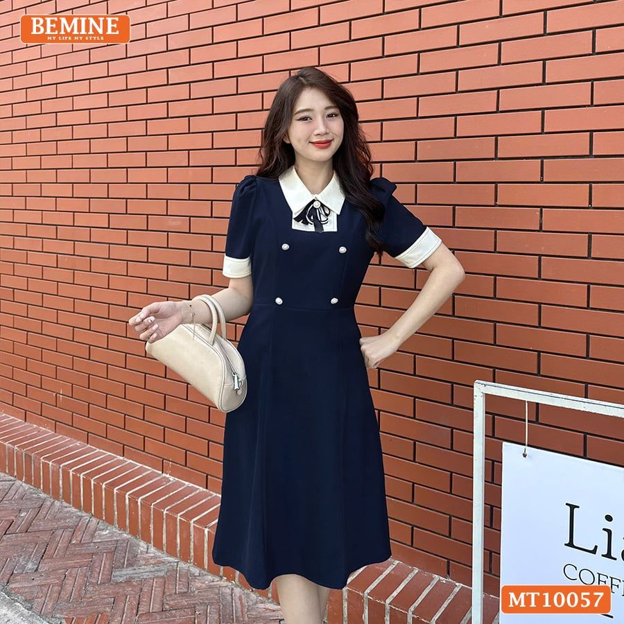 Đầm thiết kế BEMINE cổ đức đính nơ tay ngắn phối viền dáng chữ A phù hợp đi làm, đi dạo phố-MT10057
