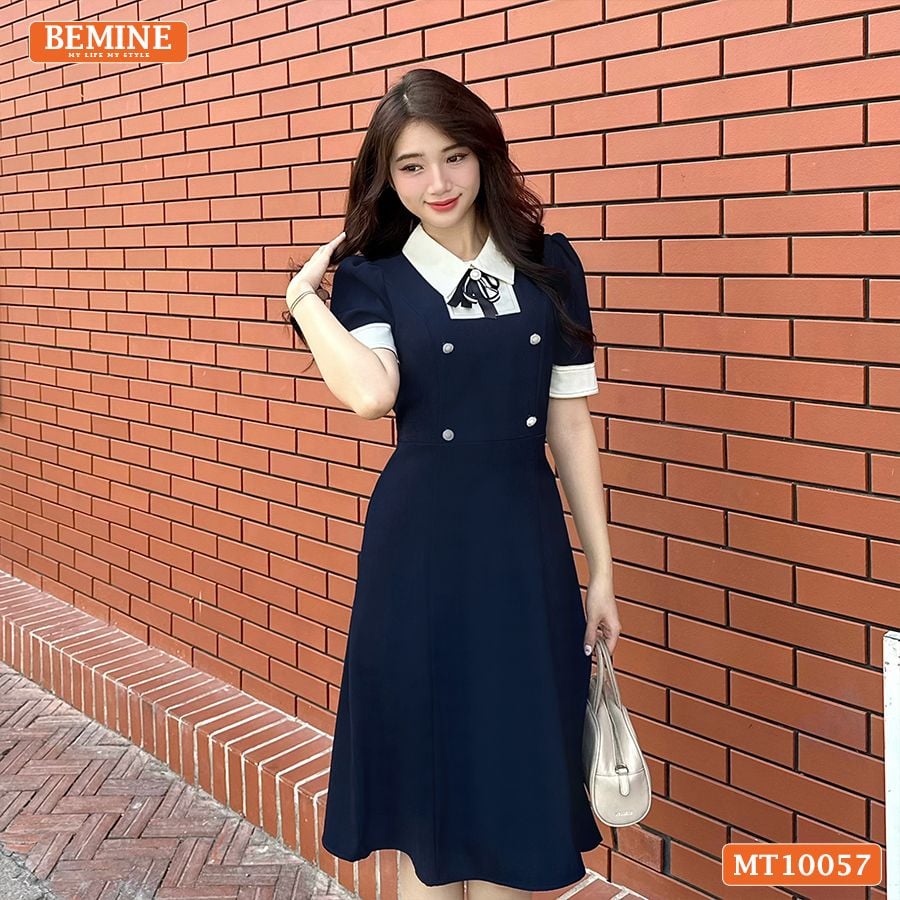 Đầm thiết kế BEMINE cổ đức đính nơ tay ngắn phối viền dáng chữ A phù hợp đi làm, đi dạo phố-MT10057