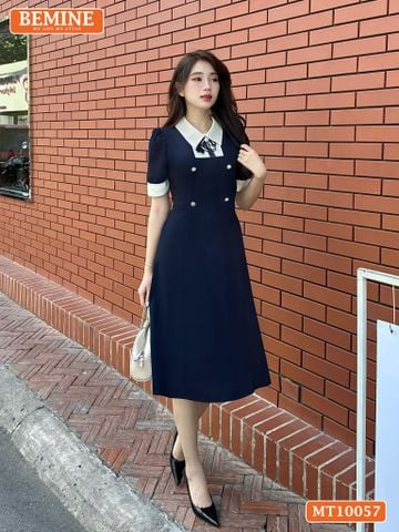 Đầm thiết kế BEMINE cổ đức đính nơ tay ngắn phối viền dáng chữ A phù hợp đi làm, đi dạo phố-MT10057