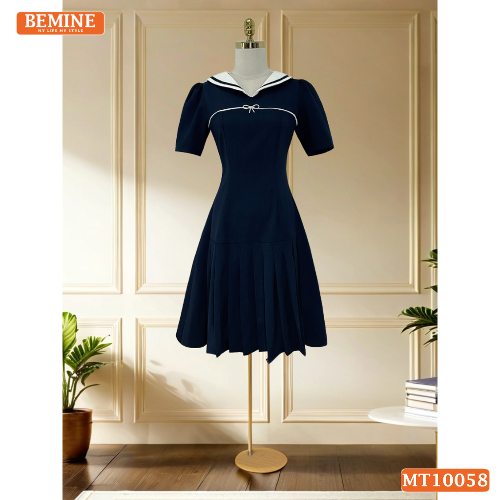 Đầm thiết kế BEMINE cổ thủy thủ phối viền dáng chữ A phù hợp đi làm, đi chơi-MT10058