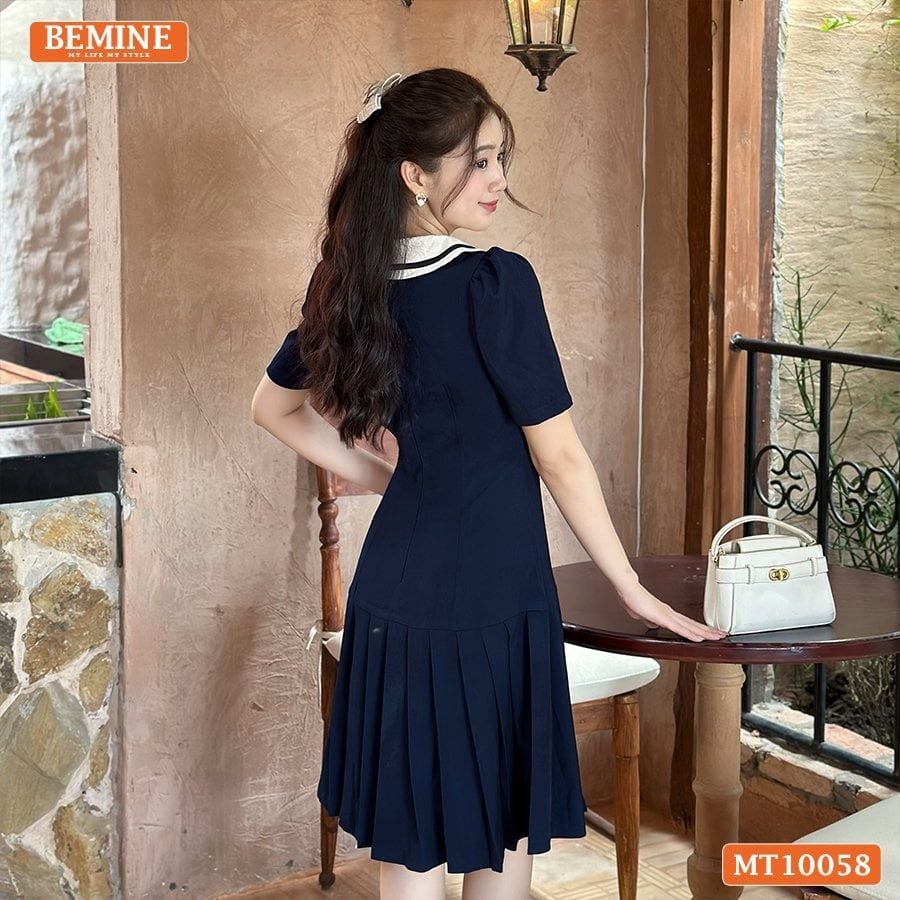 Đầm thiết kế BEMINE cổ thủy thủ phối viền dáng chữ A phù hợp đi làm, đi chơi-MT10058