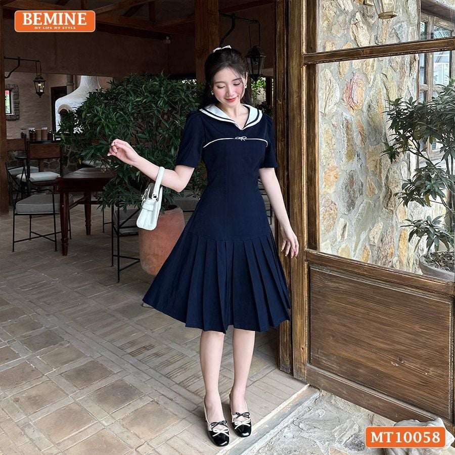 Đầm thiết kế BEMINE cổ thủy thủ phối viền dáng chữ A phù hợp đi làm, đi chơi-MT10058