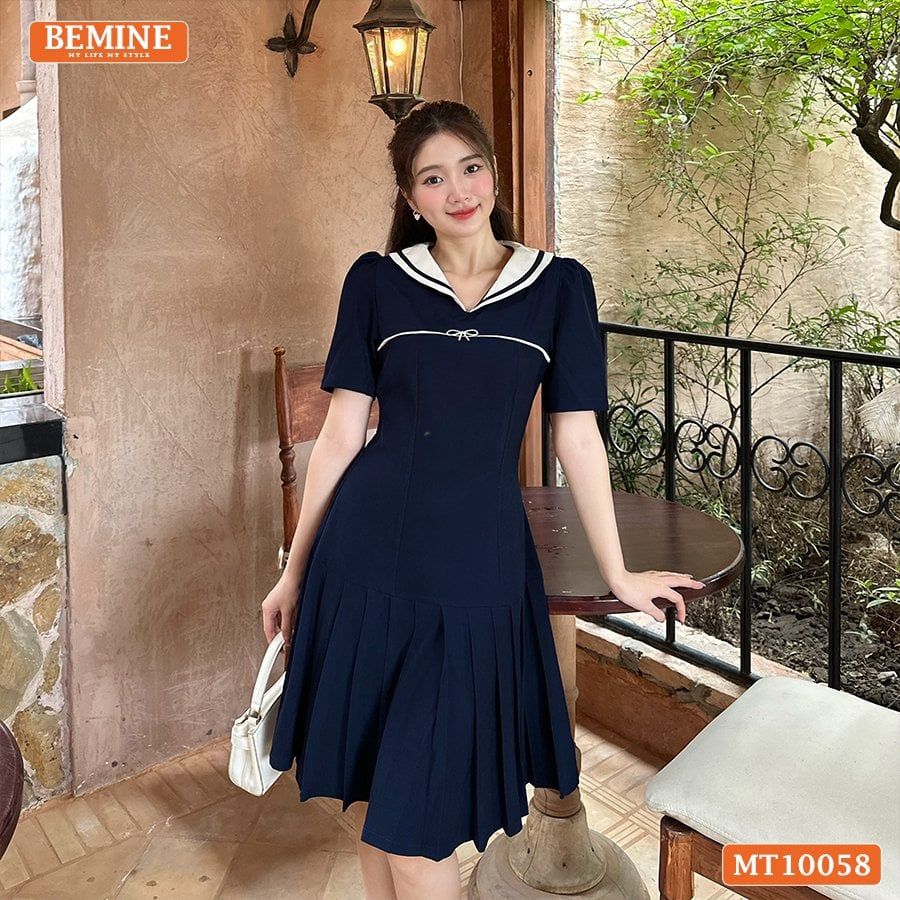 Đầm thiết kế BEMINE cổ thủy thủ phối viền dáng chữ A phù hợp đi làm, đi chơi-MT10058