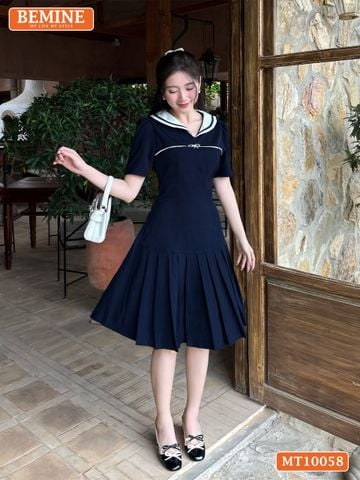 Đầm thiết kế BEMINE cổ thủy thủ phối viền dáng chữ A phù hợp đi làm, đi chơi-MT10058