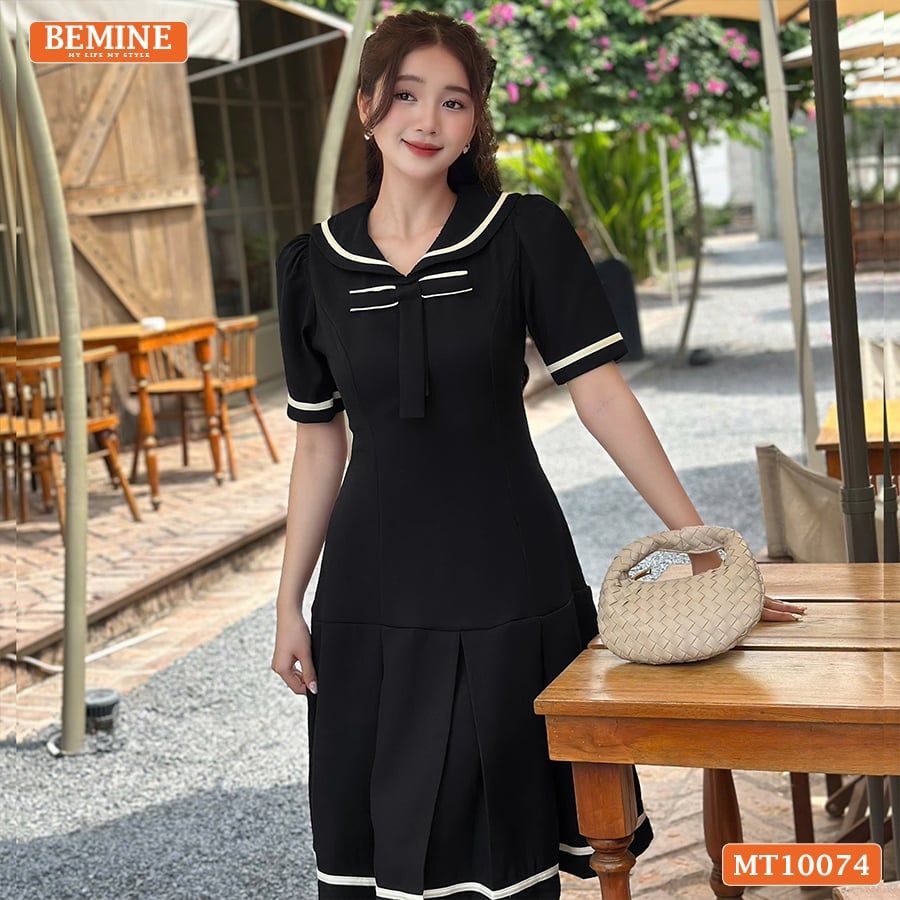Đầm thiết kế BEMINE cổ thủy thủ phối viền đính nơ dáng xòe phù hợp đi chơi, đi dạo phố-MT10074