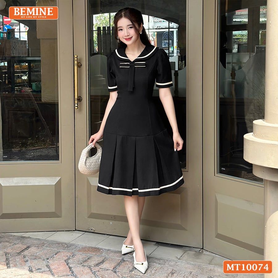 Đầm thiết kế BEMINE cổ thủy thủ phối viền đính nơ dáng xòe phù hợp đi chơi, đi dạo phố-MT10074