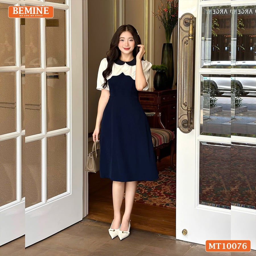 Đầm thiết kế BEMINE cổ sen phối viền gợn sóng dáng chữ A phù hợp đi làm, đi tiệc-MT10076