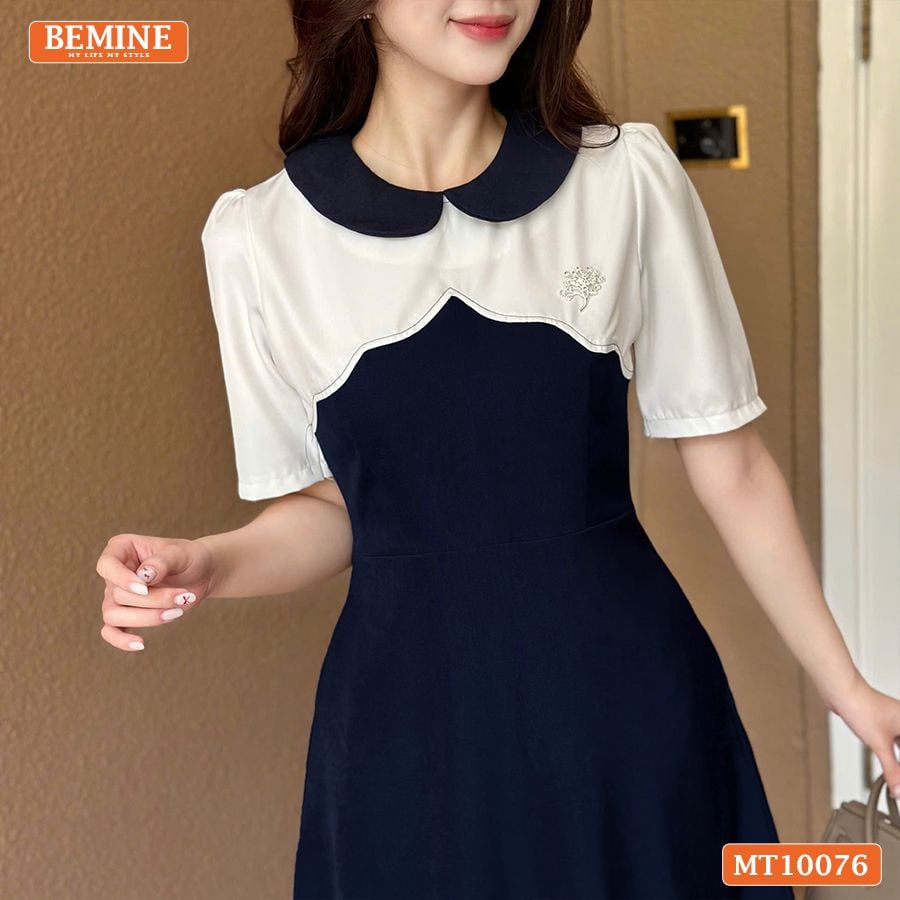 Đầm thiết kế BEMINE cổ sen phối viền gợn sóng dáng chữ A phù hợp đi làm, đi tiệc-MT10076