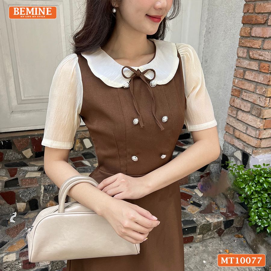 Đầm thiết kế BEMINE cổ sen đính cúc dáng chữ A MT10077