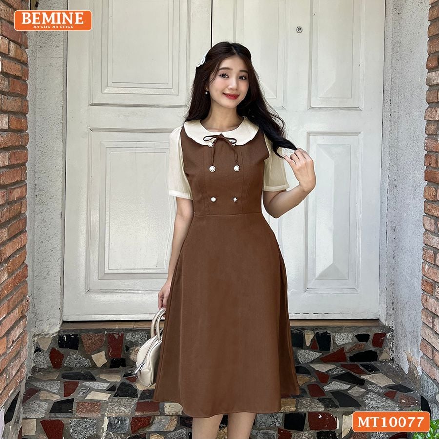 Đầm thiết kế BEMINE cổ sen đính cúc dáng chữ A MT10077