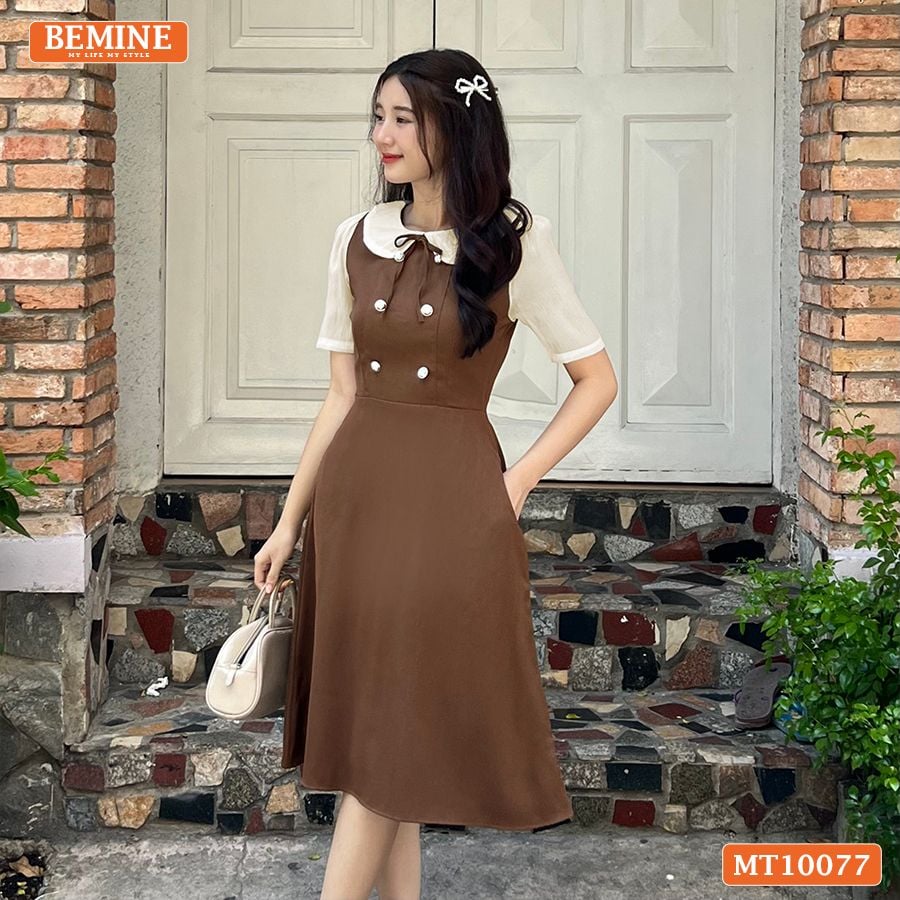 Đầm thiết kế BEMINE cổ sen đính cúc dáng chữ A MT10077