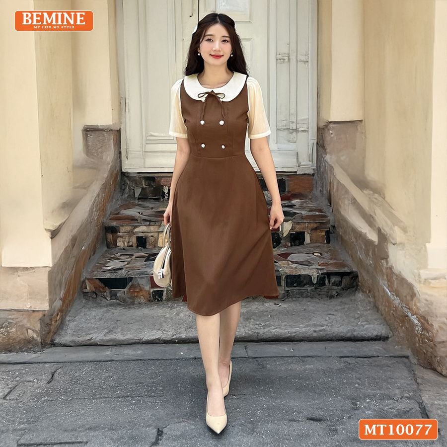 Đầm thiết kế BEMINE cổ sen đính cúc dáng chữ A MT10077