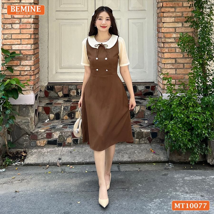 Đầm thiết kế BEMINE cổ sen đính cúc dáng chữ A MT10077