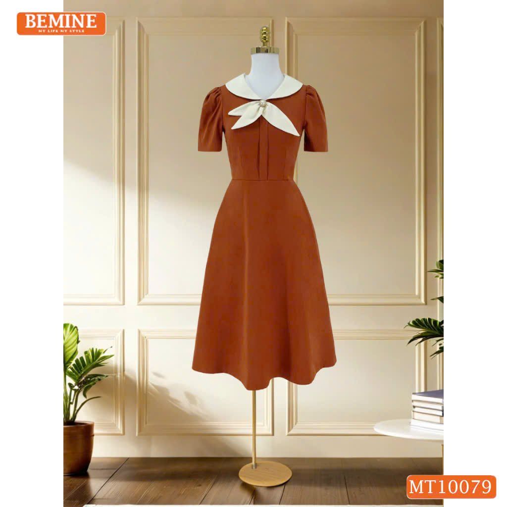 Đầm thiết kế BEMINE cổ trụ phối nơ lá dáng chữ A phù hợp đi làm-MT10079