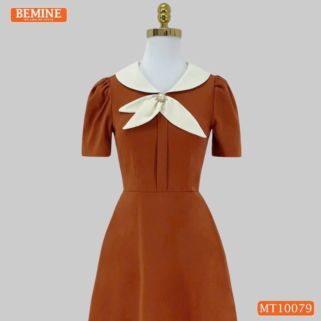 Đầm thiết kế BEMINE cổ trụ phối nơ lá dáng chữ A phù hợp đi làm-MT10079