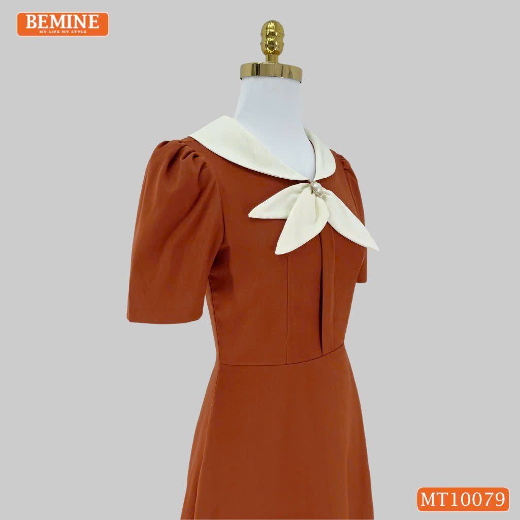 Đầm thiết kế BEMINE cổ trụ phối nơ lá dáng chữ A phù hợp đi làm-MT10079