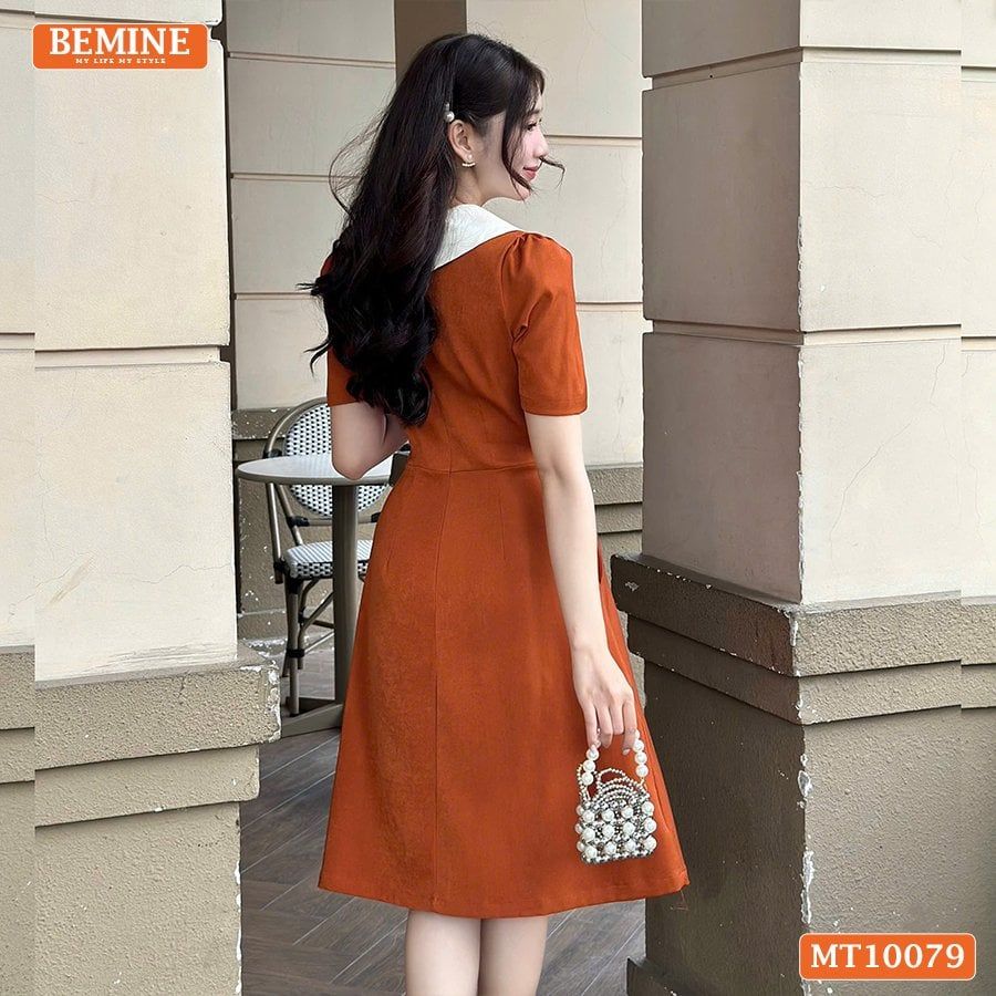 Đầm thiết kế BEMINE cổ trụ phối nơ lá dáng chữ A phù hợp đi làm-MT10079