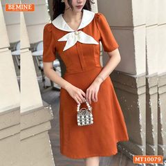 Đầm thiết kế BEMINE cổ trụ phối nơ lá dáng chữ A phù hợp đi làm-MT10079