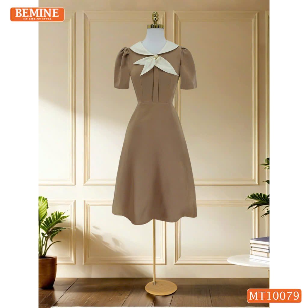 Đầm thiết kế BEMINE cổ trụ phối nơ lá dáng chữ A phù hợp đi làm-MT10079