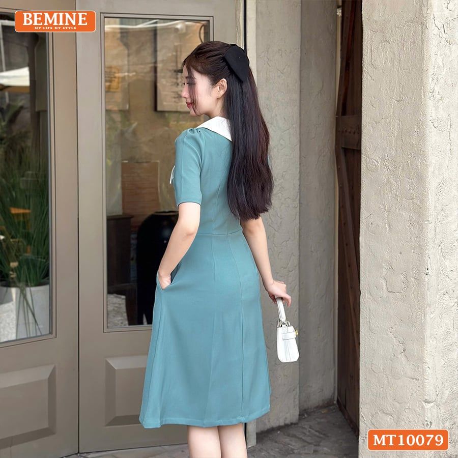 Đầm thiết kế BEMINE cổ trụ phối nơ lá dáng chữ A phù hợp đi làm-MT10079