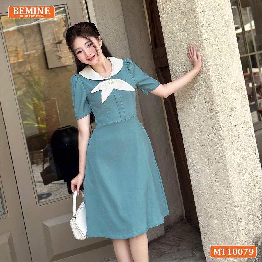 Đầm thiết kế BEMINE cổ trụ phối nơ lá dáng chữ A phù hợp đi làm-MT10079