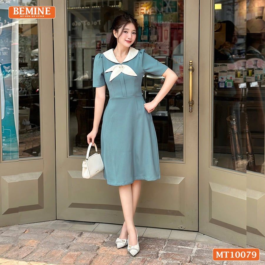 Đầm thiết kế BEMINE cổ trụ phối nơ lá dáng chữ A phù hợp đi làm-MT10079